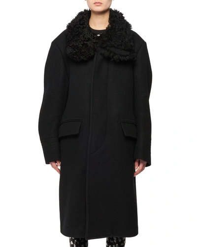 Tom Ford Curly Shearling Collar Felt Wool Coat In Black