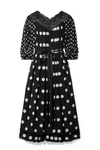 MARC JACOBS LACE-TRIMMED PLEATED POLKA-DOT SILK CREPE DE CHINE MIDI DRESS