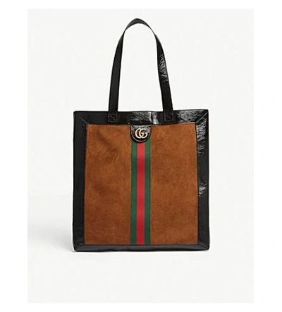 Gucci Ophidia Medium Patent Leather-trimmed Suede Tote In Black