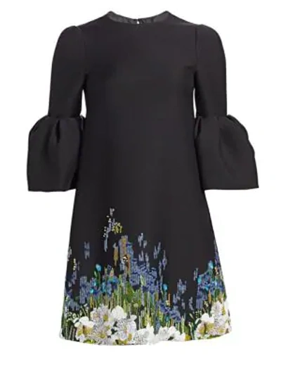 Valentino Jewel-neck 3/4 Bell-sleeve A-line Crepe Cocktail Dress W/ Beaded Floral Embroidery In Multicolored