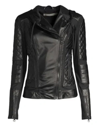 Blanc Noir Voyage Hooded Diamond-stitch Lace-up Leather Moto Jacket In Black