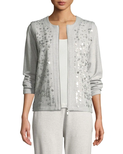 Joan Vass Sequined Zip-front Knit Jacket, Petite In Heathered Grey
