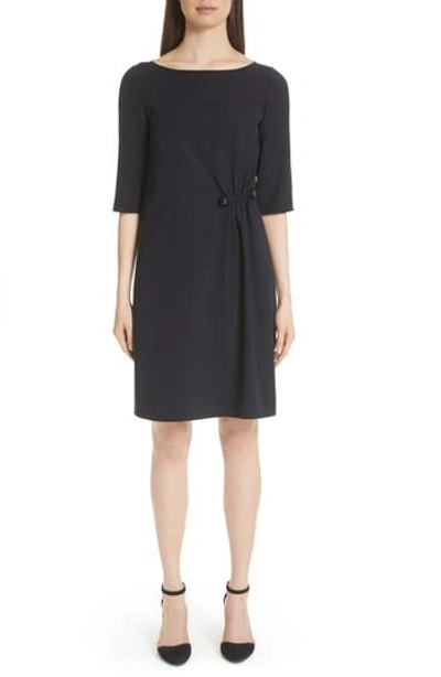 Emporio Armani Boat-neck Elbow-sleeve Cady Shift Dress W/ Side Ruching In Dark Blue