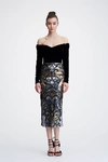 MARCHESA NOTTE OFF THE SHOULDER SEQUINED MIDI DRESS,MN18HD0726B-3