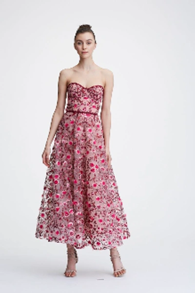 Marchesa Notte Floral Embroidered Strapless Tea Length Gown In Blush