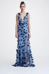 MARCHESA NOTTE SLEEVELESS V NECK EMBROIDERED GOWN,N26G0679