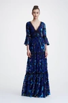 MARCHESA NOTTE Marchesa Notte Flounce Sleeve Printed Velvet Burnout Gown N26G0718,N26G0718