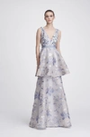 MARCHESA NOTTE SLEEVELESS FLORAL TIERED GOWN,N28G0732