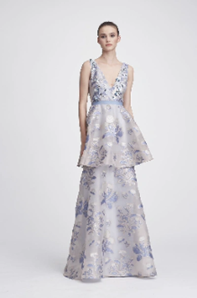 Marchesa Notte Tiered Embellished Metallic Fil Coupé Gown In Light Blue