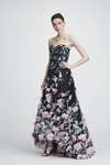 MARCHESA NOTTE STRAPLESS EMBROIDERED HI LO GOWN,N27G0735