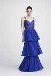 MARCHESA NOTTE SLEEVELESS STRIPED LACE TIERED GOWN,N27G0737