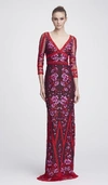 MARCHESA NOTTE SLEEVE V NECK LACE GOWN,N27G0740