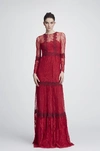 MARCHESA NOTTE LONG SLEEVE MIXED LACE GOWN,N27G0744