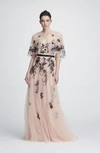 MARCHESA NOTTE SLEEVELESS EMBROIDERED TULLE GOWN W/ BEADED CAPELET,MN19RG0747-9