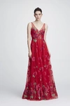 MARCHESA NOTTE SLEEVELESS FLORAL V NECK GOWN,N28G0754