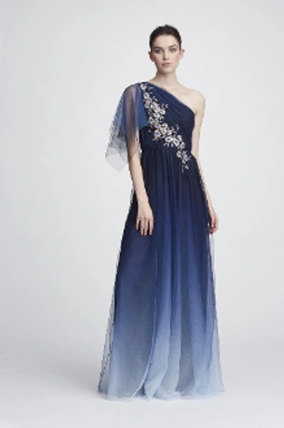 Marchesa Notte One Shoulder Embroidered Ombre Tulle Gown In Navy