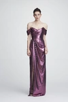 MARCHESA NOTTE OFF THE SHOULDER LAME GOWN,N27G0813