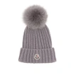 Moncler Wool Knit Beanie Hat W/ Fox Pompom In Grey