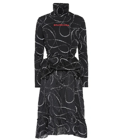 Balenciaga Layered Printed Satin-jacquard And Stretch-jersey Turtleneck Midi Dress In Black & White