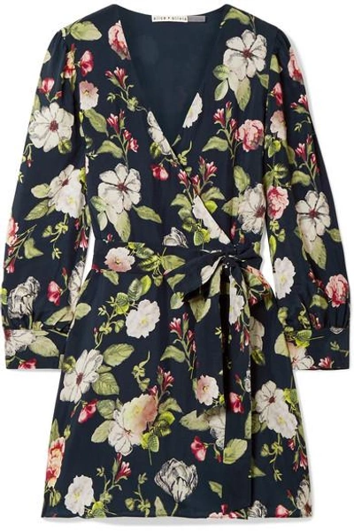 Alice And Olivia Hannah Wrap-effect Floral-print Washed-satin Mini Dress In Hazy Floral Sapphire