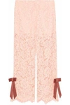 GANNI GANNI WOMAN CROPPED BOW-EMBELLISHED CORDED LACE WIDE-LEG trousers PASTEL PINK,3074457345618990272