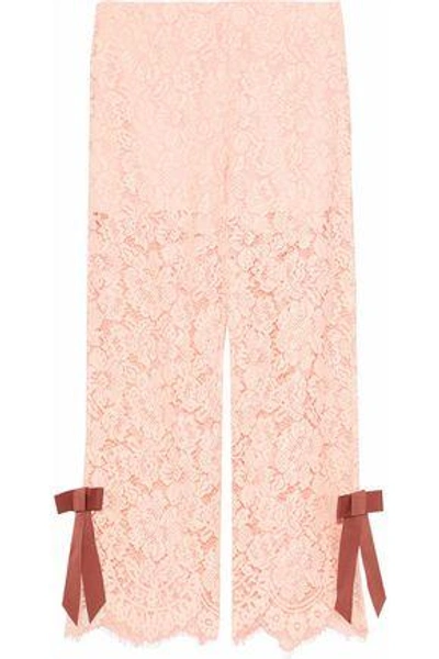 Ganni Woman Cropped Bow-embellished Corded Lace Wide-leg Trousers Pastel Pink