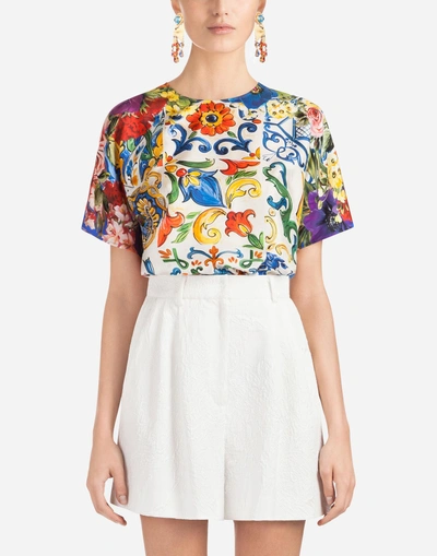 Dolce & Gabbana Maiolica-print Crewneck Short-sleeve Silk Top In Blue