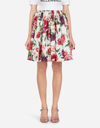 Dolce & Gabbana Elastic-waist Rose Peony Print Cotton Poplin Skirt