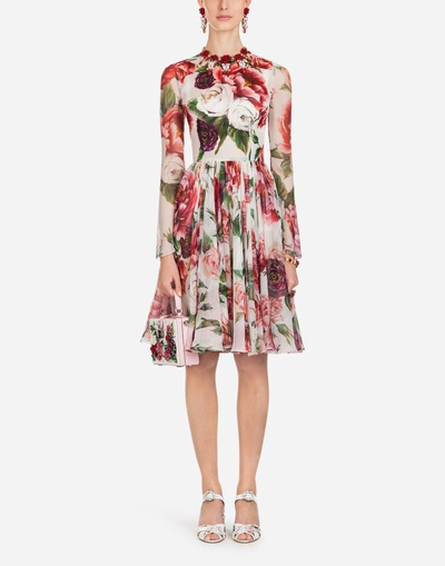 Dolce & Gabbana Long-sleeve Rose & Peony Print Fit-and-flare Chiffon Dress In Multicoloured