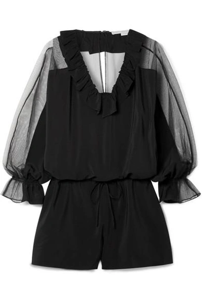 Stella Mccartney Ruffled Silk Crepe De Chine And Cotton-blend Tulle Playsuit In Black