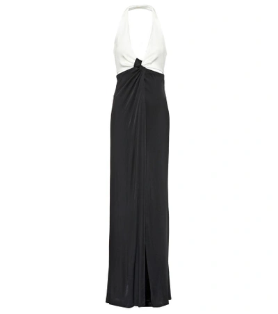 Galvan Halter Deep-v Cutout-waist Leg-slit Stretch-jersey Evening Gown In White Black