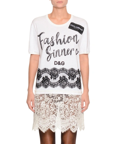Dolce & Gabbana Fashion Sinner Crewneck Short-sleeve Jersey T-shirt W/ Lace Trim In White