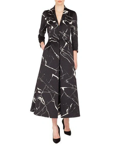 Akris Long-sleeve Marble Tiles Jacquard Fit-and-flare Coat Gown In Black/white