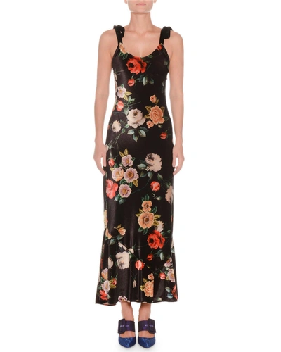 Attico Tie-shoulder Floral Velvet Slip Dress In Black