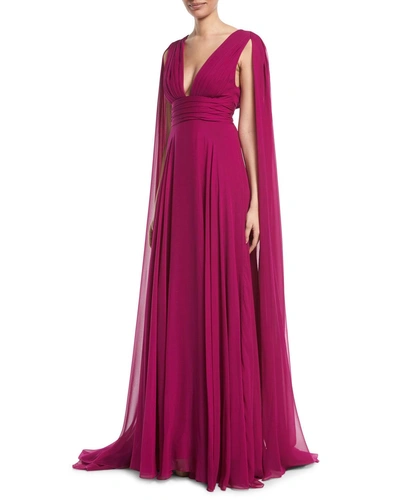 Monique Lhuillier V-neck Shoulder-streamers Draped Silk Chiffon Evening Gown In Pink