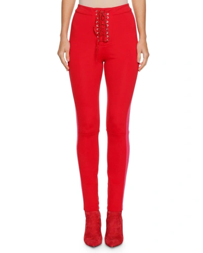 Ben Taverniti Unravel Project Lace-up Skinny Side-stripe Track Pants In Red