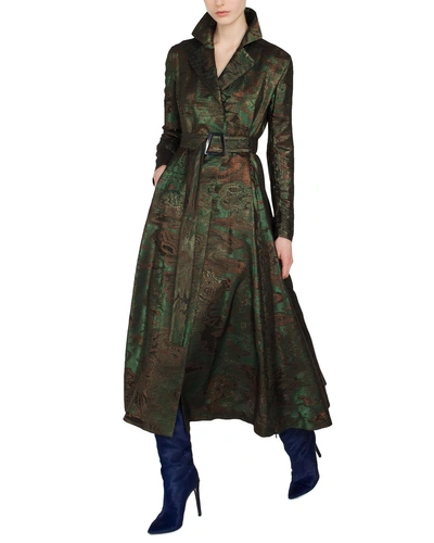 Akris Metallic-jacquard Belted Trench-style Coat In Green/black