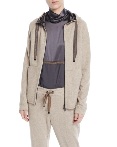 Brunello Cucinelli Zip-front Felpa Cashmere-cotton Jacket W/ Satin Inner Hood In Beige