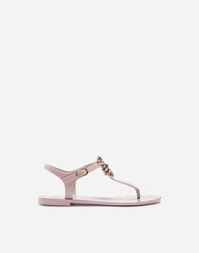Dolce & Gabbana Rubber And Patent Leather Thong Sandals With Brooch Detail In Pink