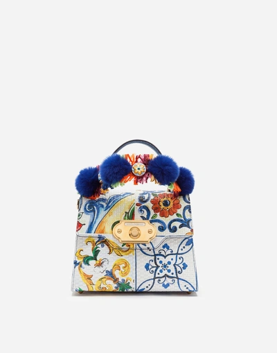 Dolce & Gabbana Welcome Medium Painted Leather Top-handle Bag With Fur In Majolica Print