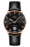Mido Commander Ii Skeleton Leather Strap Watch In Black/ Rose Gold