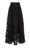 Zimmermann Pompom-trimmed Broderie Anglaise And Embroidered Cotton-blend Midi Skirt In Black