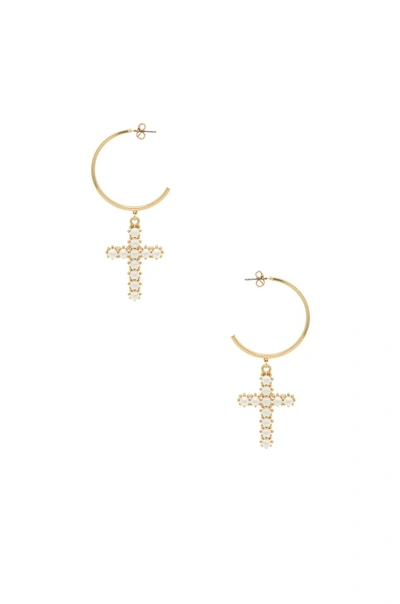 Ettika Cross Drop Hoop Imitation Pearl Earrings In Gold
