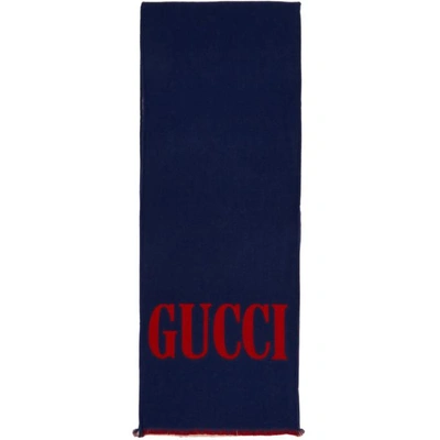 Gucci Jacquard Wool Silk Scarf In Blue