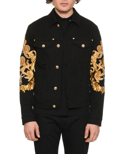 Versace Men's Baroque-print Denim Jacket In Black