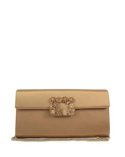 Roger Vivier Floral Crystal-buckle Satin Envelope Clutch Bag In Gold