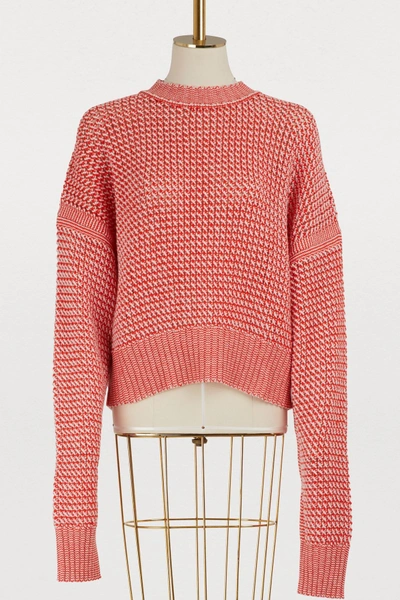Jil Sander Crewneck Long-sleeve Open-weave Tweed Pullover Cashmere-wool Sweater In Red/white