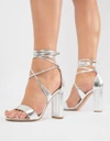TRUE DECADENCE SILVER ANKLE TIE BLOCK HEELED SANDALS - SILVER,FW4436