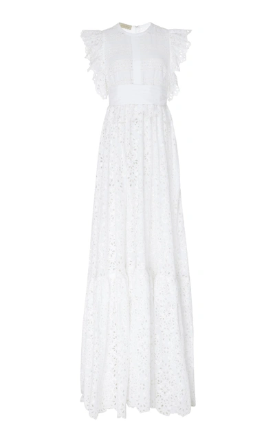 Elie Saab Lace & Poplin Long Dress W/ Ruffles In White