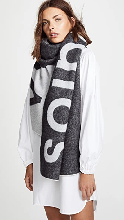 Acne Studios Grey And White Toronty Logo Scarf In Black